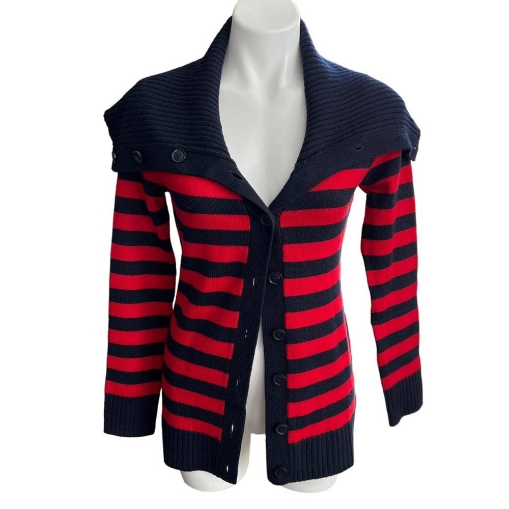 Banana Republic Sz Medium Merino Wool Navy & Red Striped Cardigan Knit Pullover